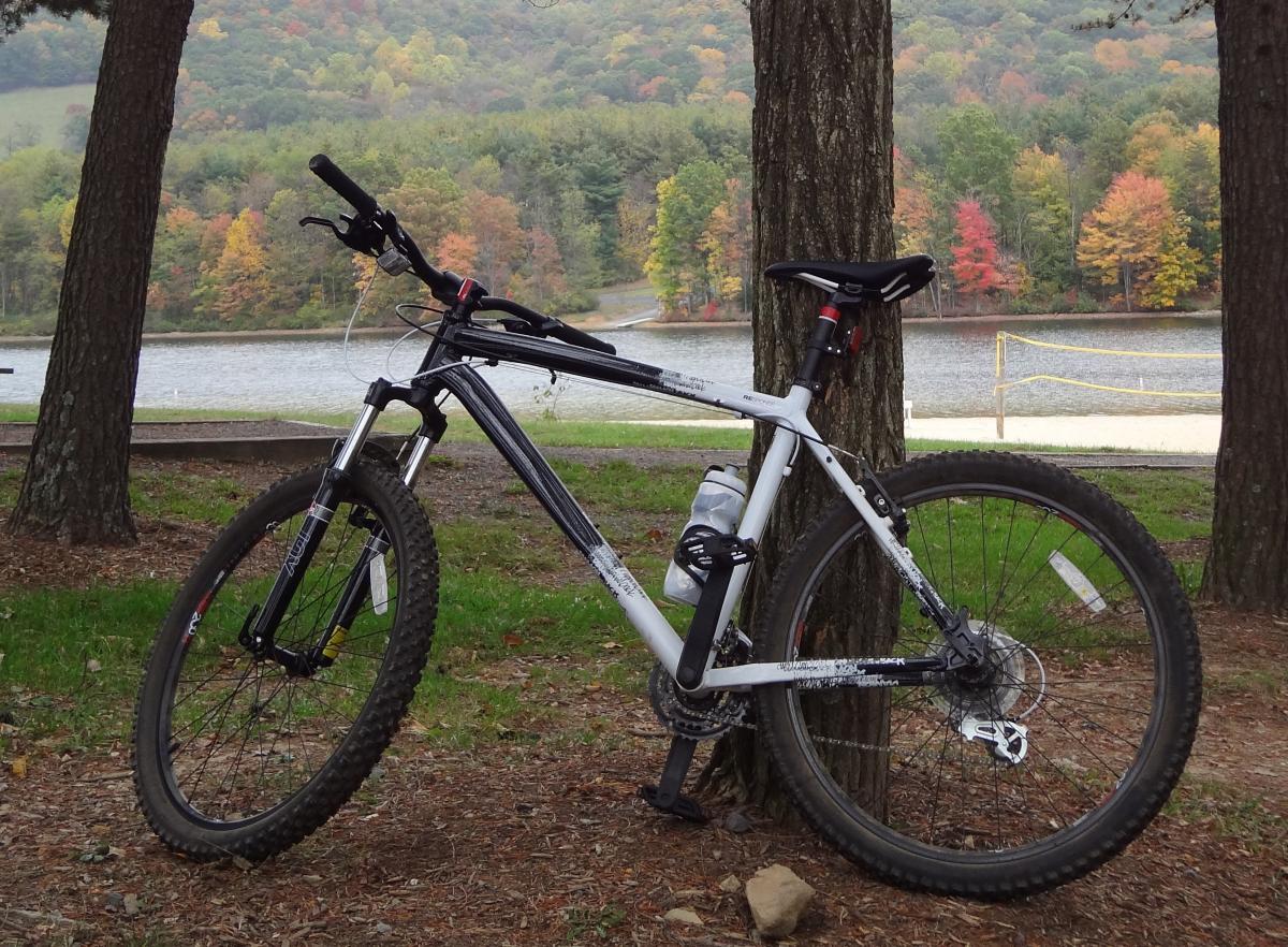 Diamondback Response: A black and white mountain bike resting against a tree, with a scenic view of a lake and autumn-colored trees in the background. The ground is covered in leaves and the environment appears peaceful and natural.