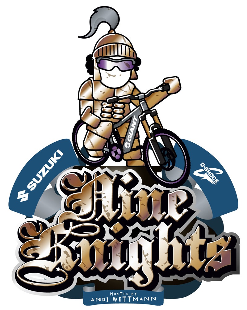 A graphic illustration featuring a cartoon character in winter gear, including goggles and a helmet, holding a mountain bike. The design includes the text "Nine Knights" in a stylized font, along with "hosted by Andi Wittmann" and logos for Suzuki and other sponsors. The overall color scheme is a blend of blue and gold.