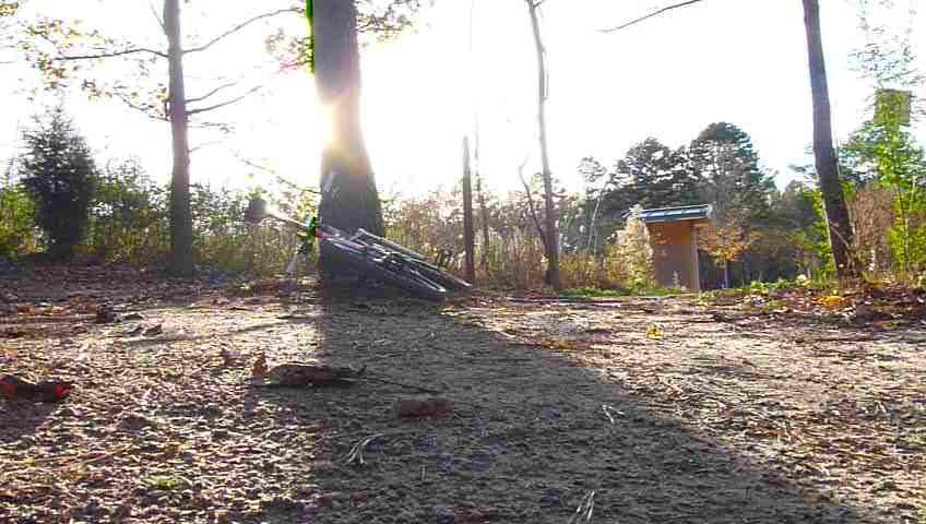 A sunlit path in a wooded area, featuring a bicycle leaning against a tree. The ground is covered with fallen leaves and dirt, while a restroom facility is visible in the background among the trees. The sunlight creates a warm and inviting atmosphere. Haw Creek Park mountain bike trail.