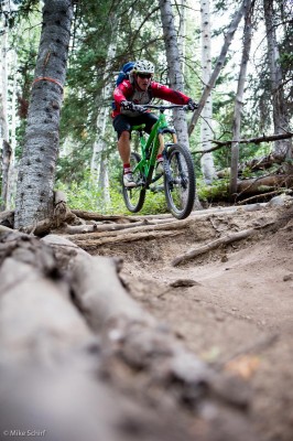 A mountain biker wearing a helmet and colorful gear navigates a rugged trail, jumping over exposed roots and rocks in a forested area. The scene captures the dynamic action of biking amidst tall trees and natural surroundings.
