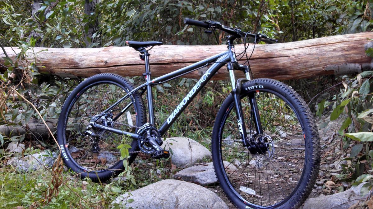 Diamondback Overdrive: A mountain bike positioned near a fallen log in a forested area, surrounded by green foliage and rocks. The bike features a lightweight frame and thick, treaded tires suitable for off-road terrain.