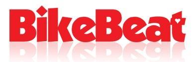 Logo for "BikeBeat" featuring bold red letters with a playful font and a heart symbol incorporated into the design.