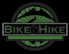 Logo for "Bike & Hike," featuring a circular design with mountain silhouettes, a bicycle graphic, and green accents on a black background.