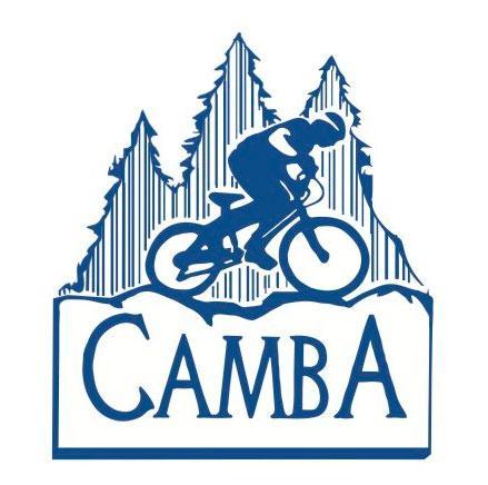 Logo for CAMBA featuring a mountain biker riding on a trail with pine trees in the background. The design includes the letters "CAMBA" prominently displayed at the bottom.