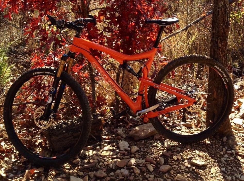 Santa Cruz Tallboy Carbon: An orange mountain bike resting against a tree, surrounded by earthy tones of rocks and autumn foliage. The bike features thick, rugged tires and a sturdy frame, showcasing its capability for off-road adventures.