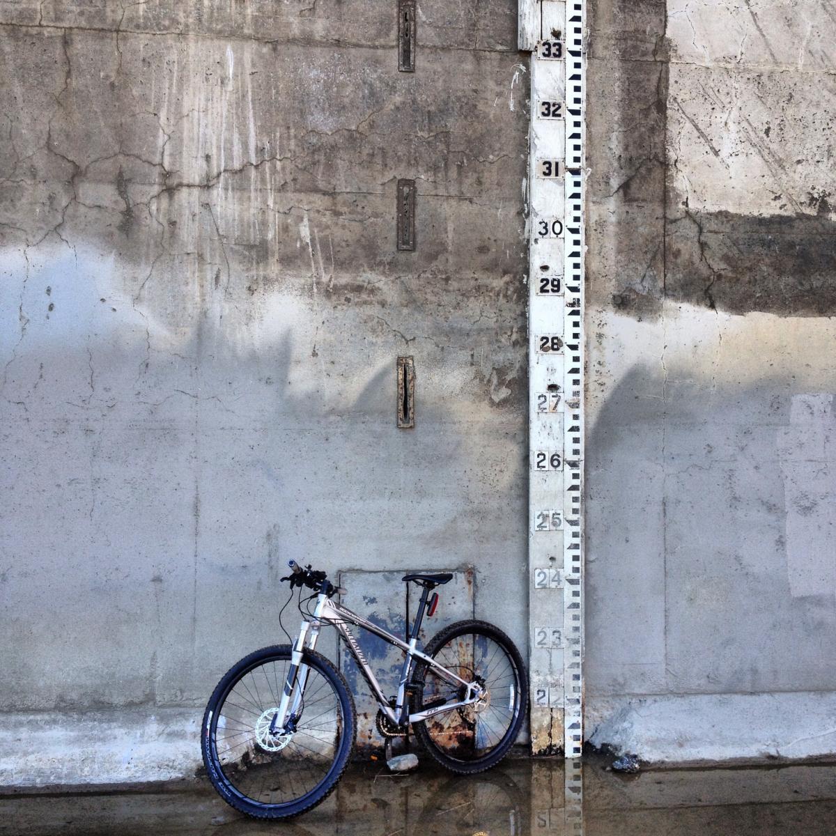 Specialized Rockhopper Comp 29: A mountain bike leaning against a concrete wall with a measuring stick beside it, indicating water levels, with reflections visible in a shallow puddle on the ground.