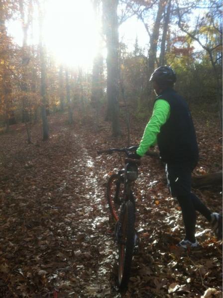 A person in a black vest and bright green long-sleeve shirt walks beside a mountain bike on a wooded trail covered in fallen leaves, with the sun shining through the trees in the background. Marsh Creek Park mountain bike trail.