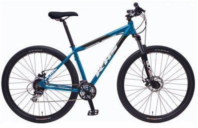 KHS Winslow: A blue mountain bike with a sleek frame, front suspension, disc brakes, and wide tires, positioned against a white background.