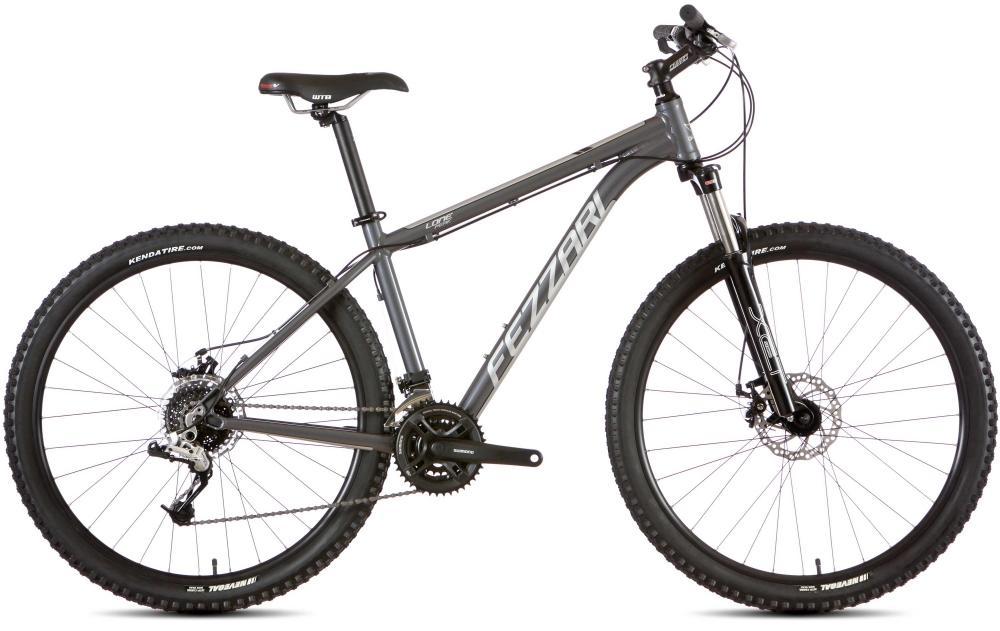 Fezzari Lone Peak: Alt text: A grey mountain bike with wide tires, a sturdy frame, and disc brakes, positioned at a slight angle to showcase its features. The bike is designed for off-road cycling, featuring a suspension fork and multiple gears.