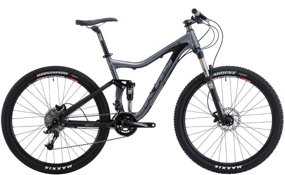 KHS 3500: A sleek, modern mountain bike with a gray and black frame. It features dual suspension, wide tires, and zoomed-in details of the drivetrain and handlebars, suitable for off-road riding. The bike is positioned on a white background.