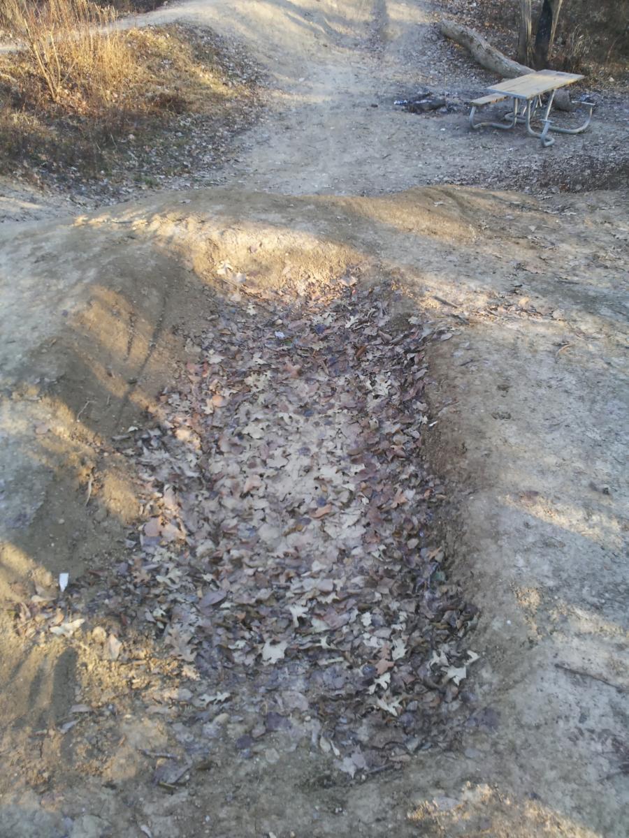 A dirt bike jump with scattered leaves, surrounded by a dirt path winding through a wooded area. In the background, a picnic table is visible near the trail. Forest Glen Woods mountain bike trail.
