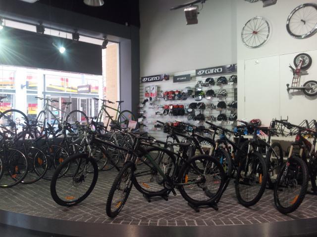 A view of a bicycle shop featuring a variety of bicycles on display. The interior has a modern design with a well-lit atmosphere. Bicycles are arranged on the floor, and there is a wall with helmets and cycling accessories. Large windows in the background suggest a busy street outside.