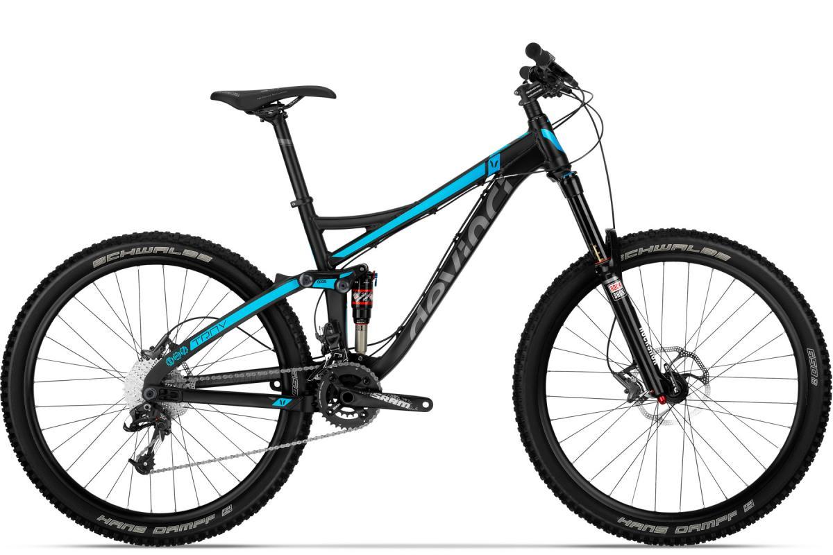 Devinci Troy: A modern mountain bike featuring a sleek black frame with blue accents, designed for off-road cycling. The bike has front and rear suspension, 29-inch wheels with knobby tires for traction, and a 1x drivetrain setup. Its overall design emphasizes performance and agility on rugged terrains.