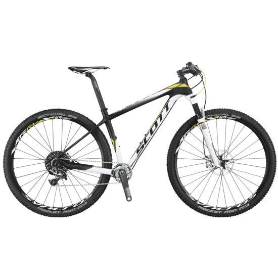 Scott Scale 900 RC: A black and white mountain bike with yellow accents, featuring a lightweight frame, suspension fork, and knobby tires designed for off-road terrain.