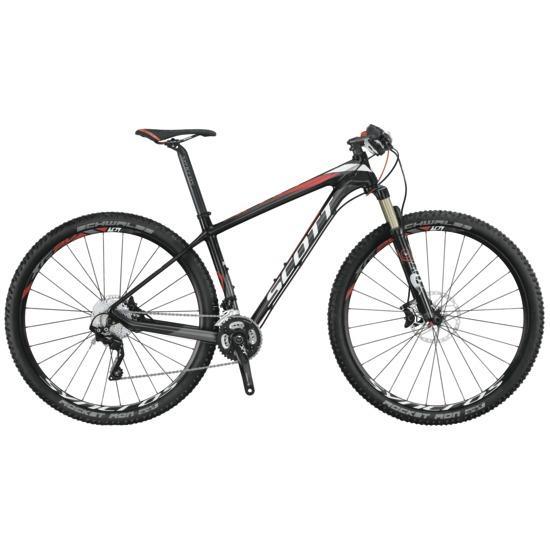 Scott Scale 920: A black and red mountain bike with a lightweight frame, front suspension, and wide knobby tires, designed for off-road cycling. The bike features a sleek design with visible gear mechanisms and disc brakes.