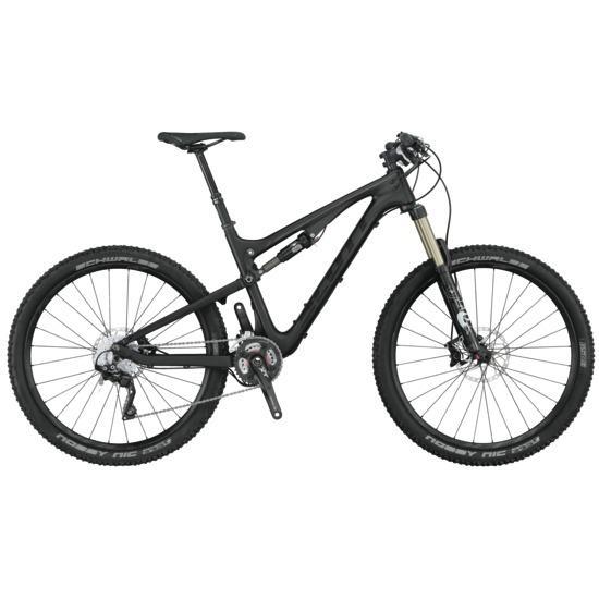 Scott Genius 710: Alt text: "A modern mountain bike featuring a sleek black frame, thick tires for off-road traction, and a front suspension fork for smooth rides on uneven terrain."