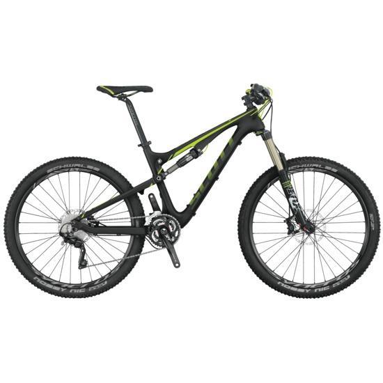 Scott Genius 720: A black and lime green mountain bike with a lightweight frame, featuring front suspension, thick tires, and multiple gears, positioned on a plain background.