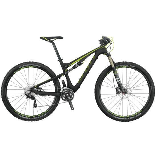 Scott Genius 920: Alt tag: "Side view of a black and green mountain bike with wide tires and front suspension."