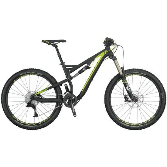 Scott Genius LT 720: A black and lime green mountain bike with a lightweight frame, front suspension fork, and wide tires, designed for off-road cycling. The bike is positioned on a white background, emphasizing its sleek design and features.