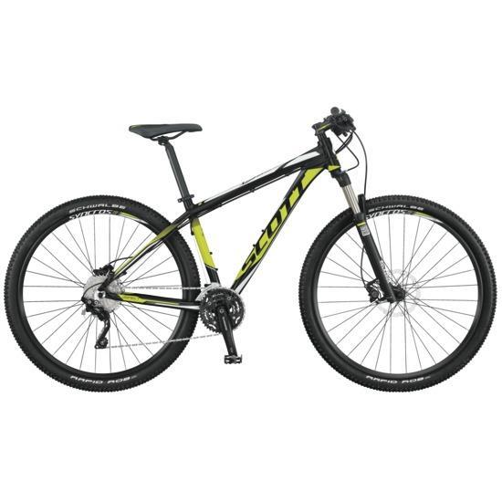 Scott Aspect 910: Alt text: A black and lime green mountain bike with thick tires and a lightweight frame, featuring a front suspension, gears, and handlebars.