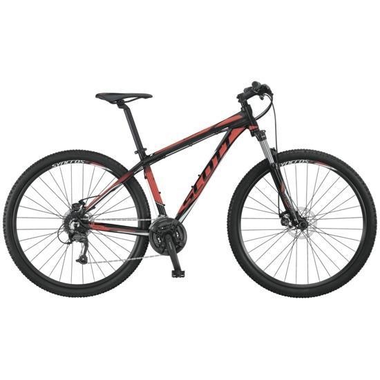 Scott Aspect 950: A black and red mountain bike with a lightweight frame, thick tires, and a standard handlebar setup. It features a front suspension, multiple gears, and is designed for off-road trails.