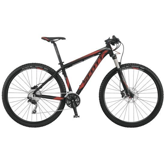 Scott Scale 970: A black and red mountain bike with a sleek frame, featuring wide tires, front suspension, and disc brakes, positioned against a neutral background.