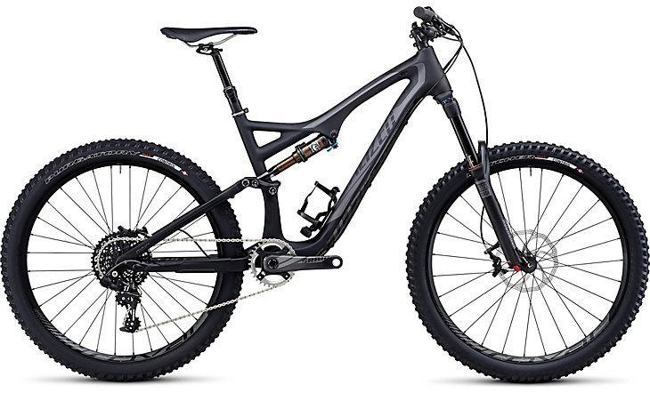 Specialized Stumpjumper FSR Expert Carbon Evo 650B: A black mountain bike with wide tires and a sleek frame, featuring a suspension system, a prominent rear shock, and a single chainring setup. The bike is positioned to show its side profile, highlighting its sturdy design and off-road capability.