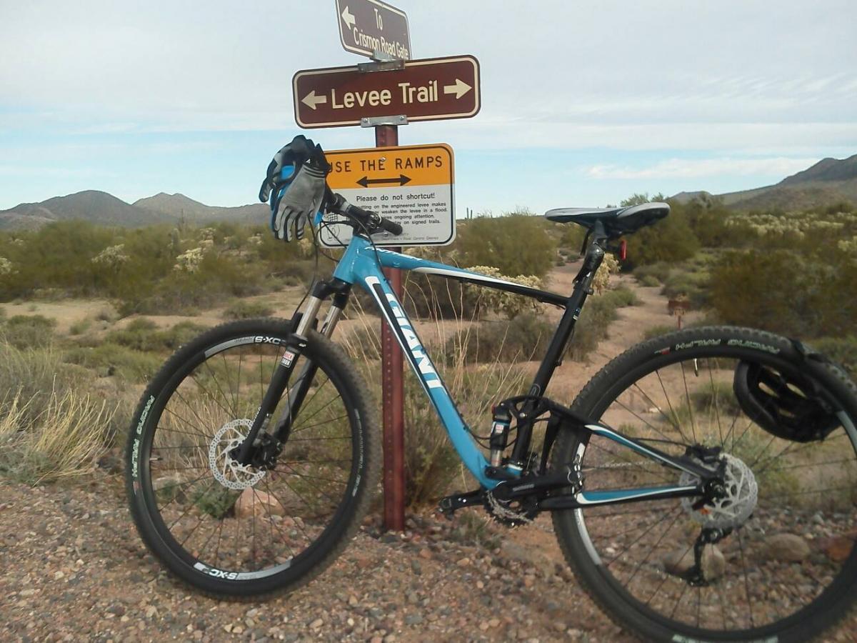 Giant Anthem X 29er 1: Mountain bike parked next to a sign marking the Levee Trail, with additional directional signs for Crimson Road Gate. The landscape features desert vegetation and a backdrop of rolling hills under a cloudy sky. The bike is predominantly blue with black accents, and a pair of gloves is resting on the handlebars.