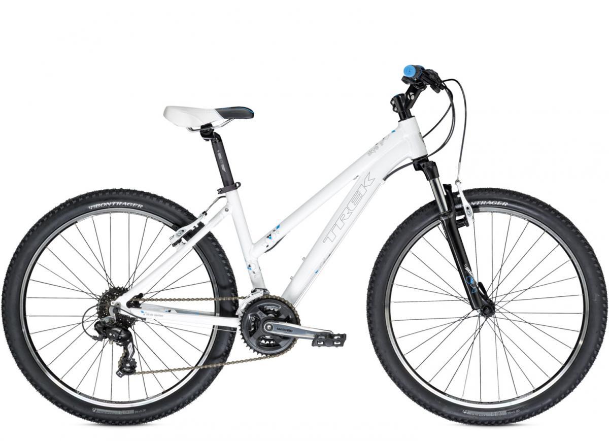 Trek Skye S: A white mountain bike featuring a lightweight frame, front suspension, and wide tires for enhanced grip. The bike has a Shimano gear system and a comfortable saddle, designed for off-road riding.