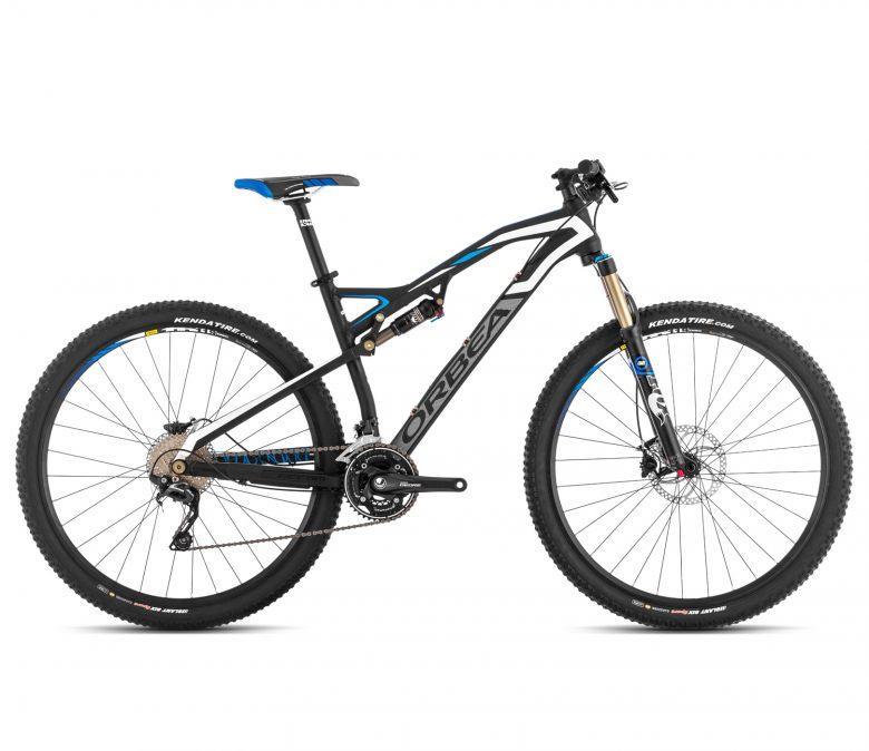 Orbea Occam 29 H30: A black and blue mountain bike featuring a lightweight frame, front suspension, and wide, knobby tires suitable for off-road terrain. The bike is positioned on a white background.