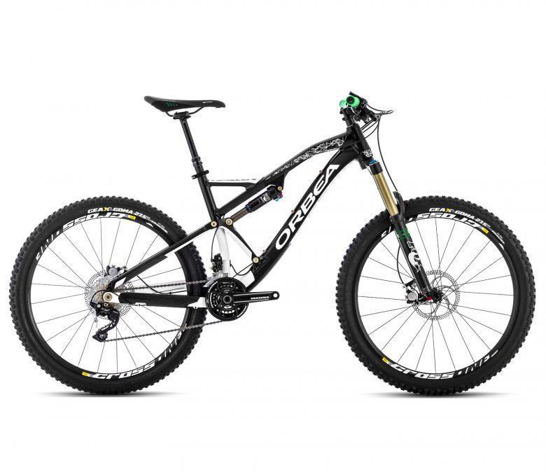 Orbea Rallon X-10: Image of a black Orbea mountain bike featuring a sleek design, dual suspension system, and wide tires suitable for off-road terrain. The bike is shown from the side, highlighting its frame, pedals, and brake components.