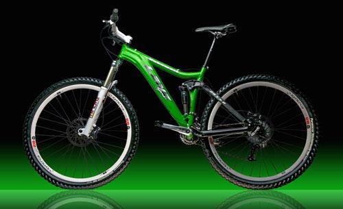 Lenz Sport Behemoth: A green mountain bike with a dual suspension frame, featuring black components, wide tires, and disc brakes, displayed against a dark background with a green gradient.