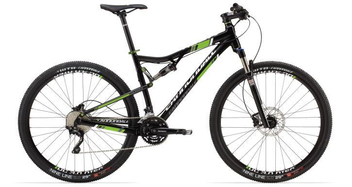Cannondale Rush 29 1: A black and green mountain bike with a lightweight frame, front suspension, and 29-inch wheels. The bike features disc brakes, a Shimano gear system, and a modern design suitable for outdoor cycling.