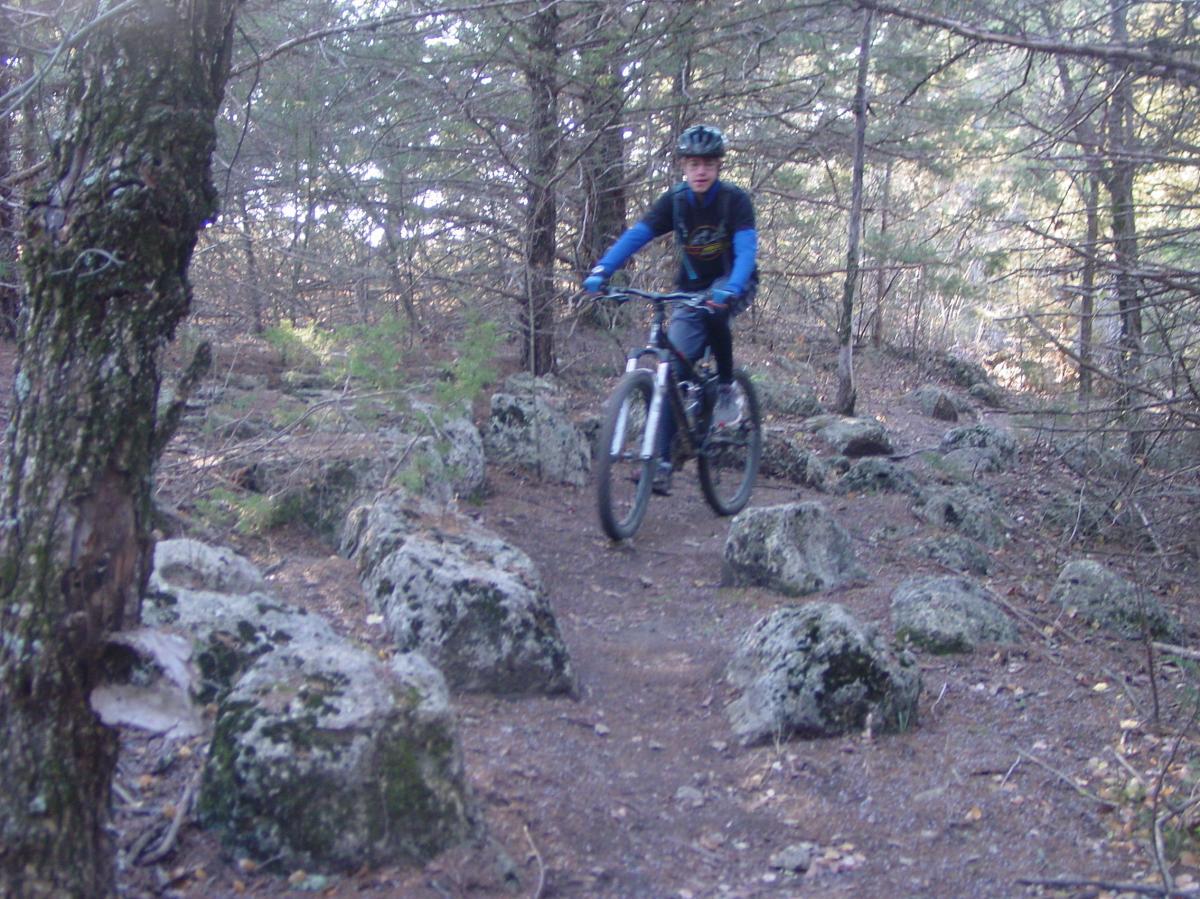 A cyclist riding a mountain bike along a rocky trail in a dense forest. The path is surrounded by trees, and there are large rocks scattered along the route. The rider is wearing a helmet and blue attire, with a focused expression as they navigate the uneven terrain. Fancy Creek State Park mountain bike trail.