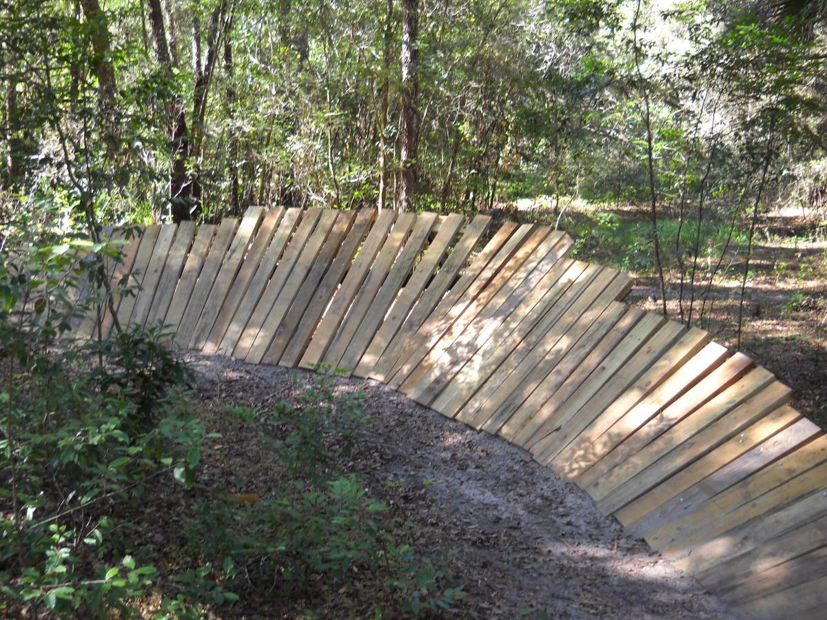 A curved wooden path made of slanted planks, surrounded by lush greenery and trees in a forested area. The path appears to be designed for walkers or cyclists, leading deeper into the natural environment. Mount Dora Trail mountain bike trail.