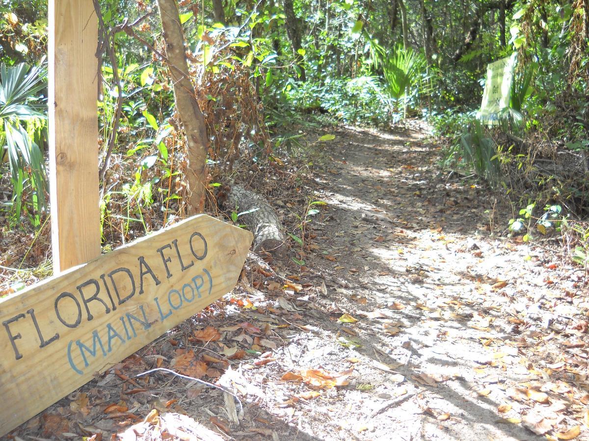A wooden sign reading "FLORIDA FLO (MAIN LOOP)" positioned beside a dirt path winding through a lush, green forest. Sunlight filters through the trees, illuminating fallen leaves scattered along the trail. Mount Dora Trail mountain bike trail.