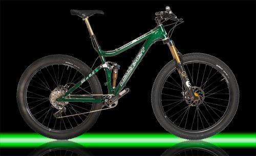 Lenz Sport Fat-Moth: A high-performance mountain bike with a sleek green frame, featuring advanced suspension components, wide tires, and disc brakes, set against a black background with a glowing green line.