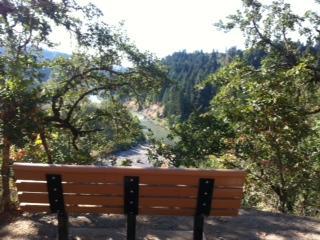 A wooden bench overlooking a scenic view of a river, surrounded by lush trees and rolling hills. The sunlight filters through the foliage, creating a peaceful, natural setting. Indian Creek (Lower) mountain bike trail.