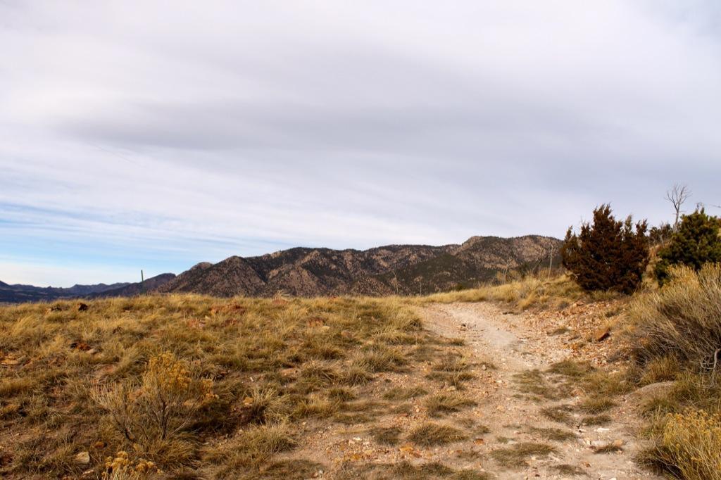 A dirt path winds through a grassy landscape, leading towards rocky mountains under a cloudy sky. The foreground features sparse vegetation, including small bushes, while the rugged terrain of the mountains dominates the background. The scene conveys a sense of tranquility and the beauty of nature. Oil Well Flats mountain bike trail.