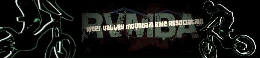 Logo for the River Valley Mountain Bike Association (RVMBA), featuring stylized mountain bike riders on either side of the text in a dark background. The design emphasizes outdoor biking and community involvement.