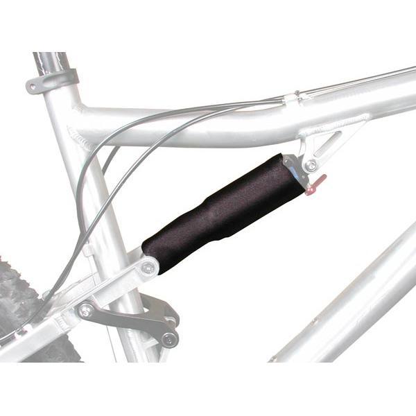 Sette Neoprene Rear Shock Boot: Black protective sleeve applied to a bicycle’s frame component, designed to safeguard against wear and damage. The frame is metallic silver, with visible cables and mechanical parts.