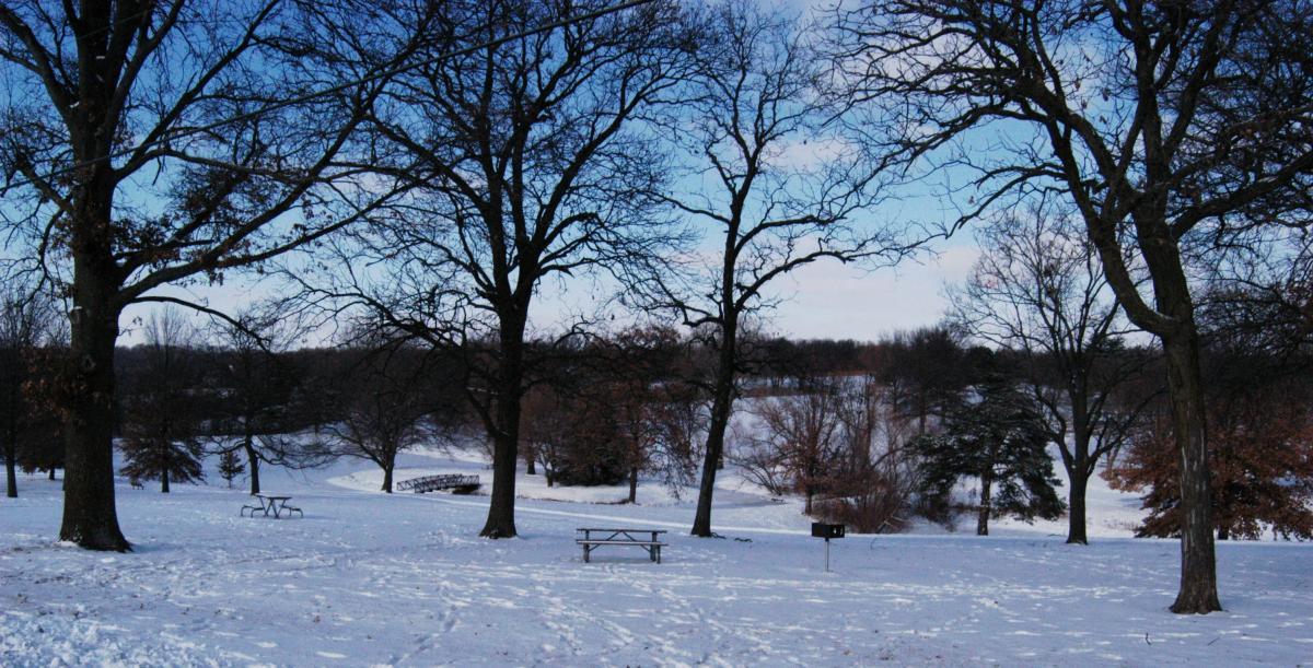 A winter landscape featuring a snowy park scene with several bare trees, a picnic table, and a grill. The ground is covered in snow, and the sky is partly cloudy, exhibiting a mix of blue and white hues. The background shows more trees and a subtle view of rolling hills. Shawnee Mission Park mountain bike trail.