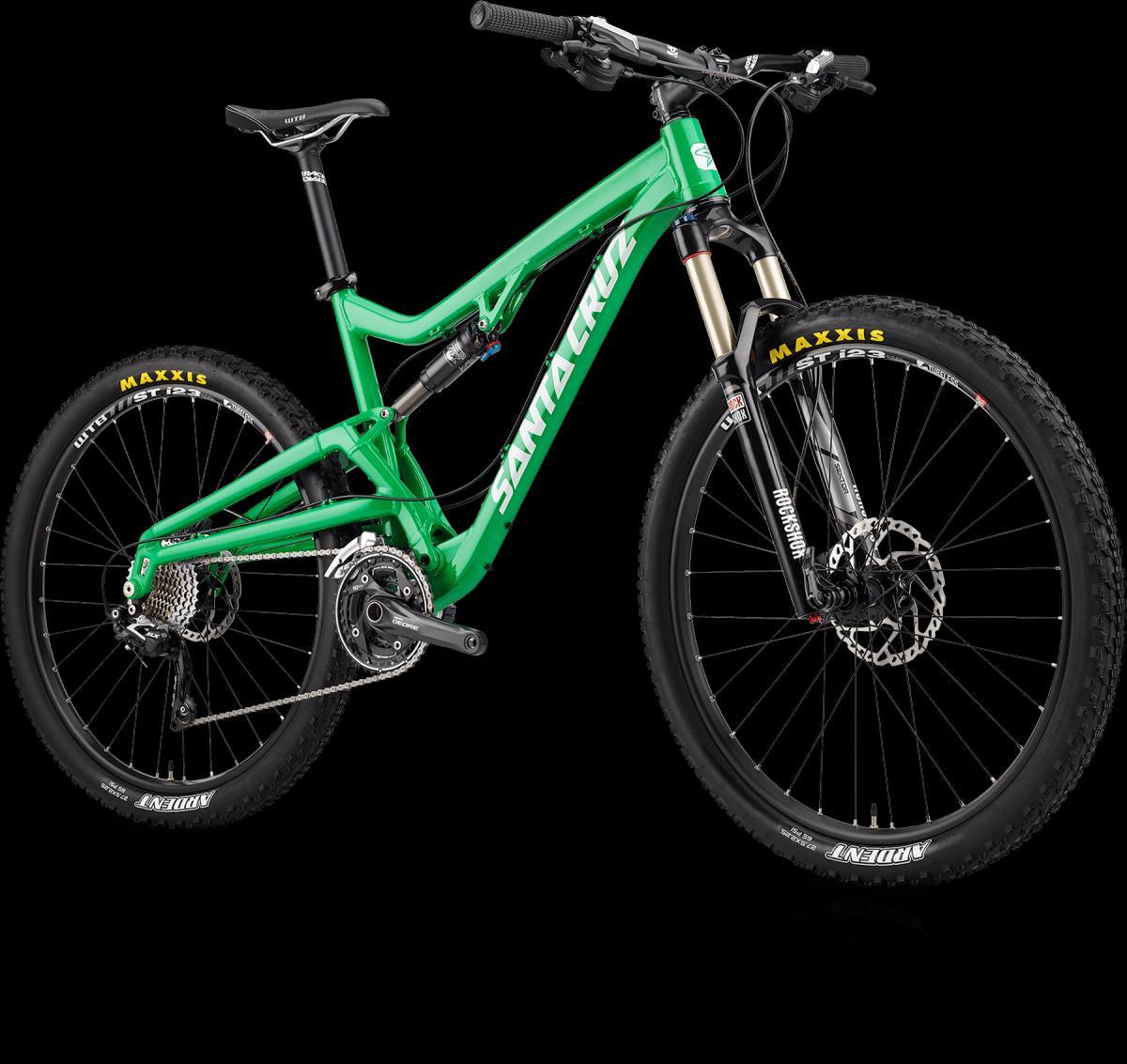 Santa Cruz Bantam: A vibrant green mountain bike with a lightweight frame, featuring front suspension and robust tires. It has disc brakes, a gear system, and the brand name "Santa Cruz" prominently displayed on the frame. The bike is set against a black background.