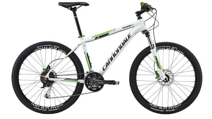 Cannondale Trail 4: Mountain bike displayed in a side view, featuring a white and green color scheme with a lightweight frame, disc brakes, and rugged tires designed for off-road riding.