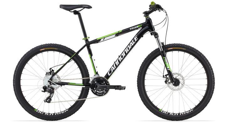 Cannondale Trail: Alt text: A black and green Cannondale Trail mountain bike, featuring a sturdy frame, large tires with knobby tread, and a front suspension fork, positioned against a white background.