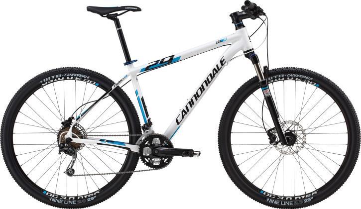 Cannondale Trail SL 29 3: A white and blue Cannondale mountain bike with a lightweight frame, 29-inch wheels, and front suspension. The bike features a black seat, handlebars, and various components for off-road riding.