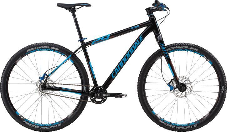 Cannondale Trail SL 29 SS: Alt text: A black and blue Cannondale mountain bike with a lightweight frame, featuring thick tires, a disc brake system, and a sleek design, positioned against a neutral background.