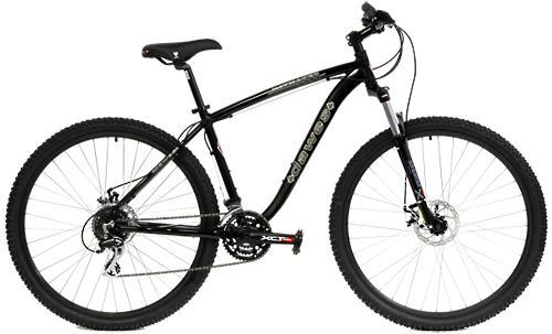 Dawes Cycles USA HayMaker 2900: A black mountain bike with thick tires, front suspension, and a sleek design, positioned upright against a plain background.