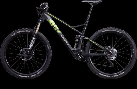 Ghost AMR Riot Lector 7: A high-performance mountain bike featuring a sleek black frame with green accents, designed for off-road trails. The bike includes sturdy suspension, wide tires for grip, and disc brakes for effective stopping power, set against a neutral black background.