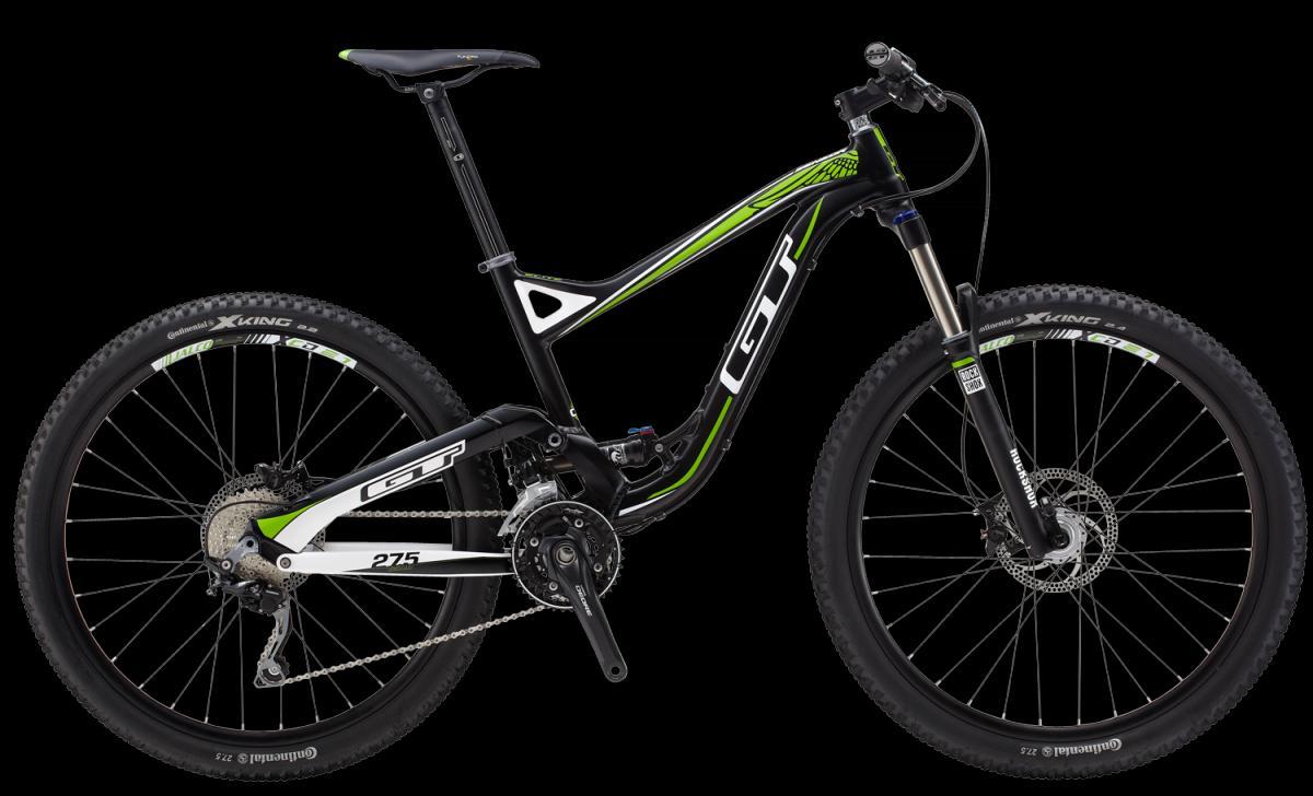 GT Sensor Elite: A black and green mountain bike with a sleek design, featuring large wheels and a dual suspension system. The brand "GT" is prominently displayed, and the bike is equipped with disc brakes and a modern gear system. The background is plain black, highlighting the bike's features.